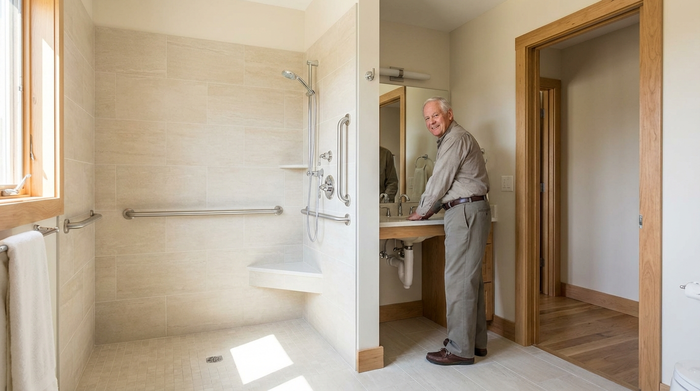 Ein modernes, barrierefreies Badezimmer mit einer bodengleichen Dusche, eleganten Haltegriffen und hellen Fliesen. Ein älterer Herr steht sicher und lächelnd vor dem Waschbecken. Hochwertige Ausstattung, sauberes und helles Licht, fotorealistisch.