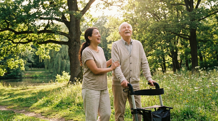 Eine liebevolle Betreuerin und ein älterer Herr spazieren entspannt durch einen grünen Park mit alten Bäumen. Der Herr stützt sich leicht auf einen Rollator. Beide lachen und genießen die Natur an einem sonnigen Nachmittag.