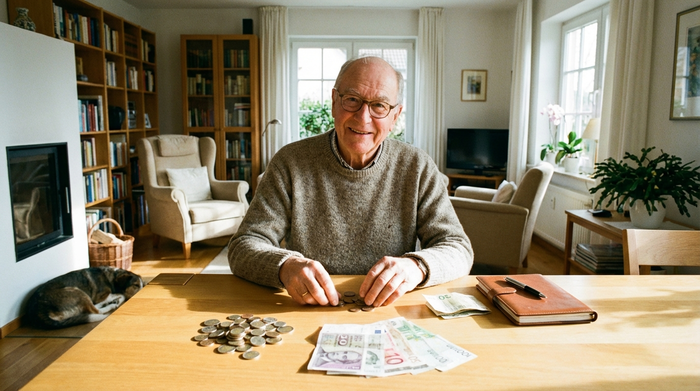Ein älterer Herr sitzt an einem hellen Holztisch und ordnet mit einem Lächeln verschiedene Münzen und Geldscheine in kleine Stapel. Neben ihm liegt ein Notizbuch. Gemütliche, aufgeräumte Wohnzimmeratmosphäre.