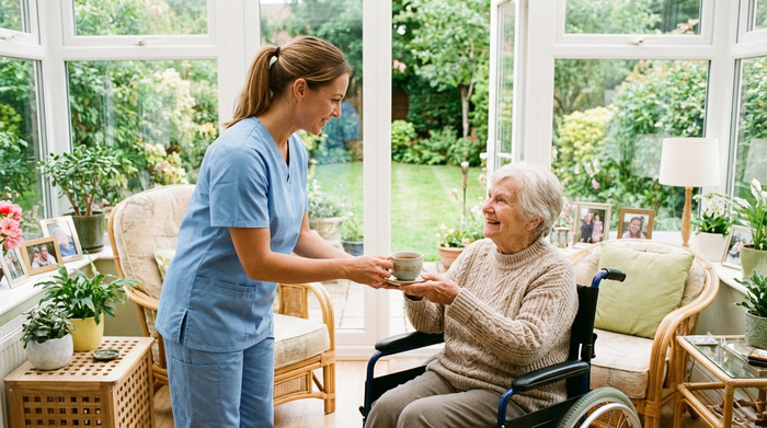 Eine professionelle Pflegekraft in hellblauer Berufskleidung reicht einer lächelnden Seniorin im Rollstuhl eine Tasse Tee. Helles, freundliches Zimmer mit großen Fenstern und Blick auf einen grünen Garten.