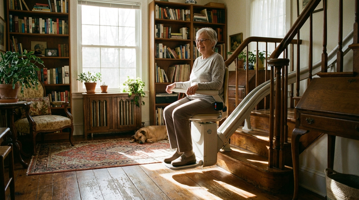 Eine rüstige Seniorin nutzt einen modernen Treppenlift in einem gemütlich eingerichteten Einfamilienhaus. Sie lächelt entspannt, während sie sicher die Treppe hinauffährt. Helles Sonnenlicht fällt durch das Fenster auf den Holzfußboden.