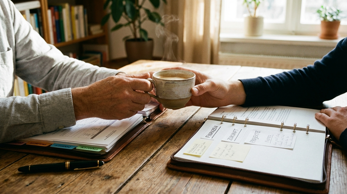 Zwei Hände halten gemeinsam eine Tasse Kaffee auf einem Holztisch, daneben liegt eine aufgeschlagene Mappe mit ordentlich sortierten Dokumenten. Eine ruhige, gut organisierte und vertrauensvolle Szene.