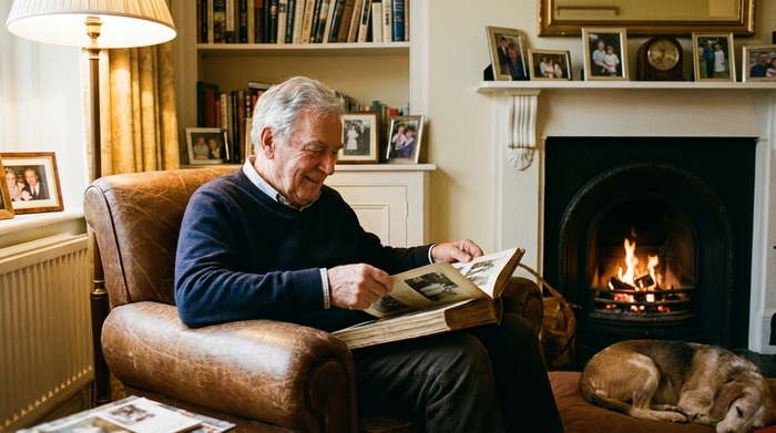 Ein älterer Herr mit grauem Haar sitzt entspannt in einem gemütlichen Sessel in seinem heimischen Wohnzimmer und betrachtet friedlich ein altes Fotoalbum. Warme Beleuchtung, familiäre Umgebung, realistischer Wohnraum ohne störende Elemente.