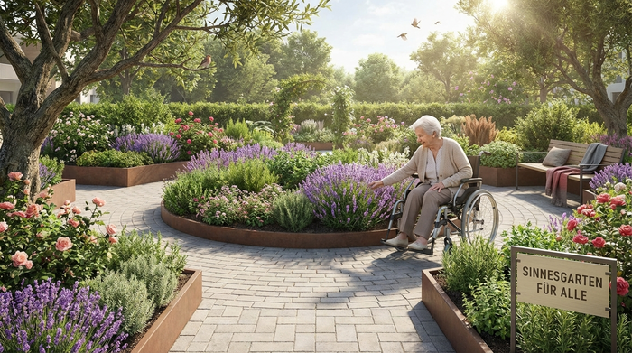 Ein wunderschöner, sicherer Sinnesgarten für Senioren. Ein gepflasterter, barrierefreier Rundweg führt durch üppige, blühende Hochbeete. Eine ältere Frau berührt sanft blühenden Lavendel. Sonniges Tageslicht, friedliche Natur.