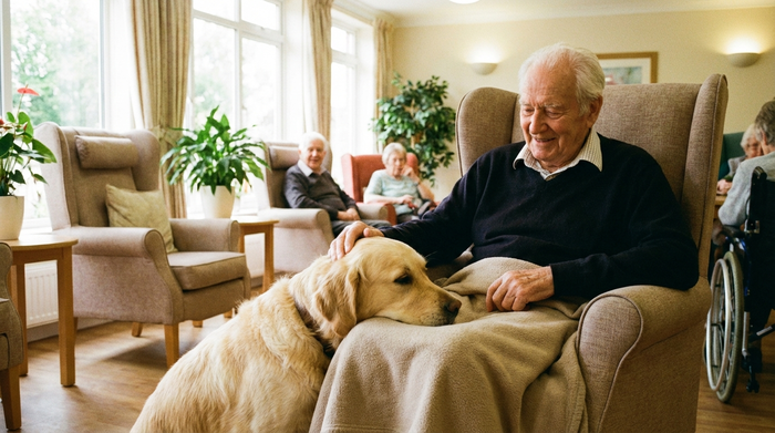 Ein ruhiger Golden Retriever legt sanft seinen Kopf auf den Schoß eines lächelnden älteren Mannes im Pflegeheim. Die Umgebung ist ein heller, freundlicher Gemeinschaftsraum mit bequemen Möbeln. Realistische, herzerwärmende Interaktion.