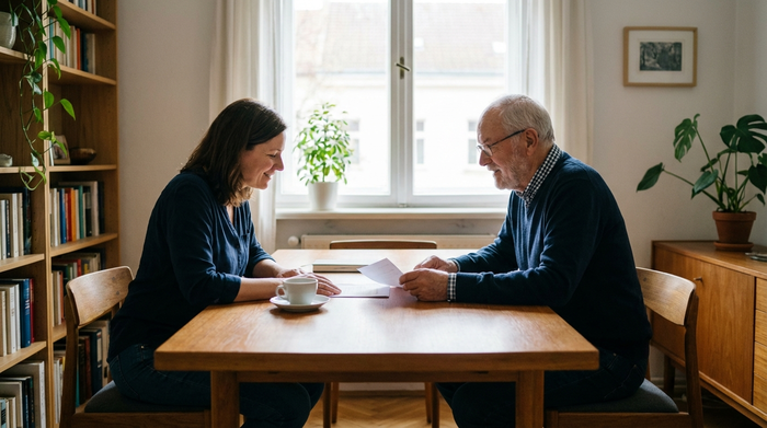 Eine erwachsene Tochter sitzt mit ihrem älteren Vater an einem aufgeräumten Esstisch und bespricht ruhig wichtige Dokumente. Eine Tasse Kaffee steht auf dem Tisch. Entspannte, vertrauensvolle Atmosphäre, helles Tageslicht.