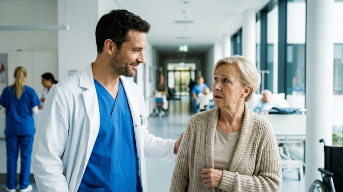 Ein freundlicher Arzt in einem hellen Krankenhausflur, der sich ruhig mit einem besorgten Angehörigen unterhält. Im Hintergrund leichte Unschärfe des Klinikalltags. Realistische, professionelle Szene.
