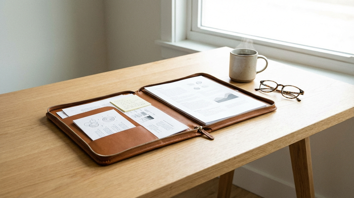 Eine ordentliche, aufgeschlagene Mappe mit verschiedenen Dokumenten auf einem sauberen Schreibtisch, daneben eine Kaffeetasse und eine Lesebrille. Helles Licht, aufgeräumte Umgebung, keine lesbaren Texte.