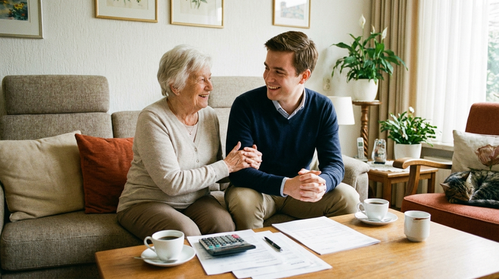 Eine ältere Person sitzt entspannt mit einem freundlichen Berater zusammen, beide lächeln. Auf dem Tisch liegen Papiere und ein Taschenrechner. Vertrauensvolle und entlastende Stimmung.
