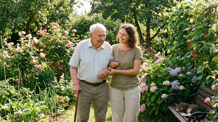 Eine empathische, junge Pflegekraft hilft einem älteren Herrn liebevoll beim Spazieren im eigenen, gemütlichen Garten. Sonniges Wetter, grüne Pflanzen, harmonisches Miteinander.
