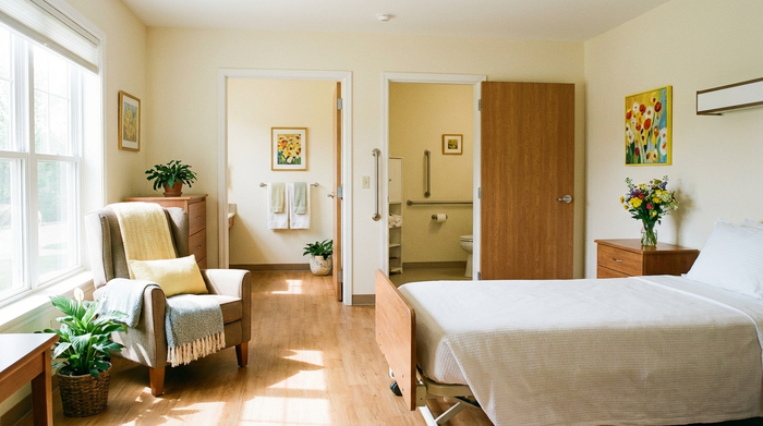 Ein helles, freundliches und barrierefreies Zimmer mit einem bequemen Sessel, einem ordentlichen Bett und frischen Blumen auf dem Nachttisch. Einladende, saubere und sichere Atmosphäre.