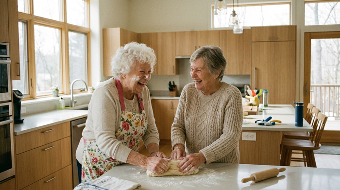 Zwei Seniorinnen backen gemeinsam einen Kuchen in einer modernen, sauberen Therapieküche. Sie lachen und kneten Teig. Helle Beleuchtung, gemütliche Atmosphäre, realistischer Fotostil.