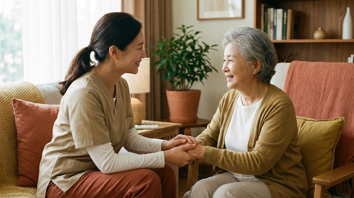 Eine einfühlsame Pflegekraft hält sanft die Hände einer älteren Dame mit grauem Haar. Beide lächeln sich vertrauensvoll an. Ruhige, sichere Umgebung mit warmen Farben, ohne Text im Bild.