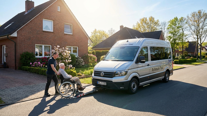 Ein moderner, rollstuhlgerechter Kleinbus steht mit geöffneter Rampe vor einem gepflegten Einfamilienhaus. Ein freundlicher Fahrer hilft einem Senior beim Einsteigen. Sonniges Wetter, realistische Vorstadtszene.