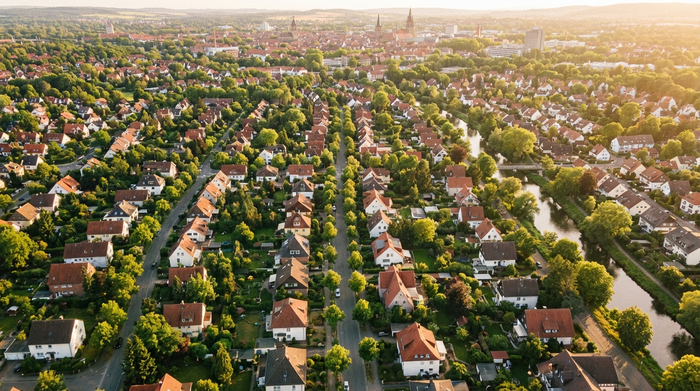 Eine Luftaufnahme einer grünen, weitläufigen Wohnsiedlung in Göttingen mit gepflegten Straßen und Einfamilienhäusern im warmen Sonnenlicht.