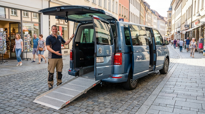 Ein moderner, geräumiger Kleinbus mit einer ausgefahrenen, stabilen Metallrampe am Heck. Ein Fahrer steht hilfsbereit daneben auf einem gepflasterten Gehweg.