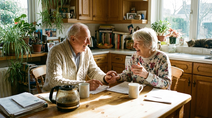 Ein älteres Ehepaar sitzt entspannt am Küchentisch und bespricht bei einer Tasse Kaffee lächelnd Dokumente in einer warmen, häuslichen Umgebung.
