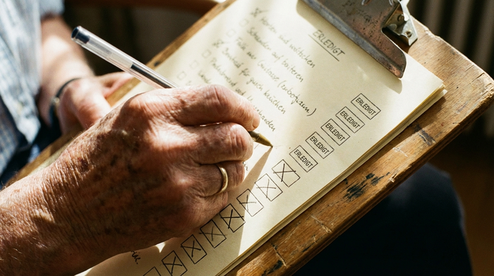 Eine nah aufgenommene, ältere Hand hält einen Kugelschreiber und kreuzt konzentriert Punkte auf einem Klemmbrett aus Holz an.