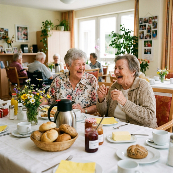 Ein liebevoll gedeckter Frühstückstisch in einer Senioreneinrichtung. Frische Brötchen, Kaffee und Marmelade stehen bereit. Zwei ältere Damen unterhalten sich angeregt und lachen fröhlich.
