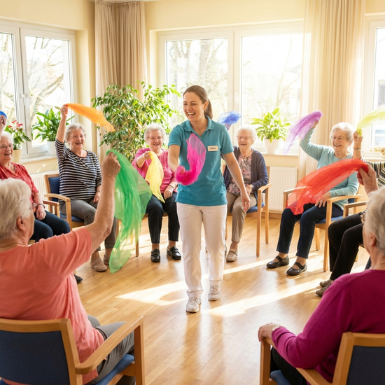 Eine Gruppe von Senioren sitzt im Stuhlkreis in einem hellen Raum und macht leichte Gymnastikübungen mit bunten Tüchern. Eine motivierende Pflegekraft leitet die Übungen an.