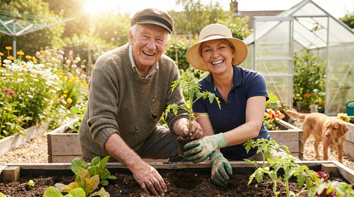 Ein älterer Herr bepflanzt gemeinsam mit einer Betreuerin einen Hochbeetkasten in einem sonnigen Garten. Beide haben etwas Erde an den Händen und lächeln zufrieden.