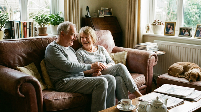 Ein älteres Ehepaar sitzt entspannt auf einem bequemen Sofa im eigenen Wohnzimmer. Der Mann hält sanft die Hand seiner Frau, beide wirken glücklich, ausgeruht und entlastet.