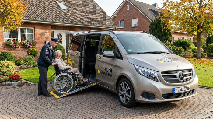 Ein moderner, rollstuhlgerechter Kleinbus steht mit ausgefahrener Rampe vor einem gepflegten Einfamilienhaus. Ein freundlicher Fahrer hilft einer Seniorin behutsam beim Einsteigen.