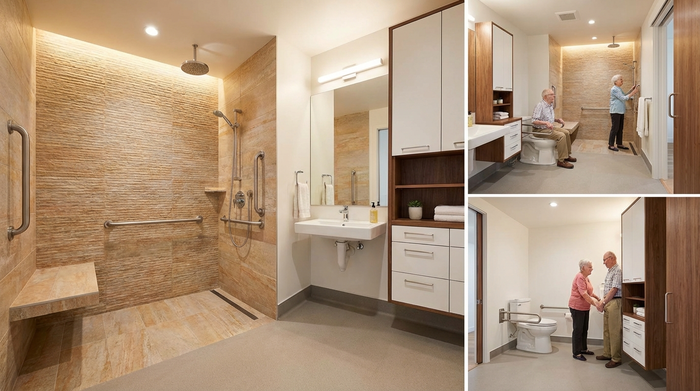 Ein modern ausgestattetes, barrierefreies Badezimmer mit einer bodengleichen Dusche, rutschfesten Fliesen und stabilen Haltegriffen. Helles, sicheres Design für Senioren.