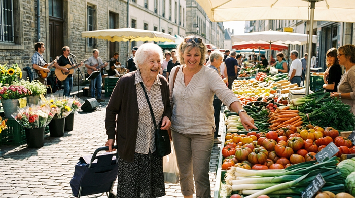 Eine ältere Person und eine freundliche Alltagsbegleiterin gehen gemeinsam auf einem belebten Wochenmarkt einkaufen. Frisches Gemüse liegt an den Ständen, es herrscht sonniges Wetter und eine entspannte Stimmung. Realistische Straßenszene.