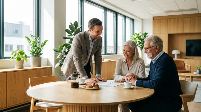 Ein freundlicher Berater sitzt mit einem älteren Ehepaar an einem runden Tisch und bespricht Unterlagen. Ein helles, modernes Büro mit Kaffeetassen auf dem Tisch, vertrauensvolle und ruhige Atmosphäre.