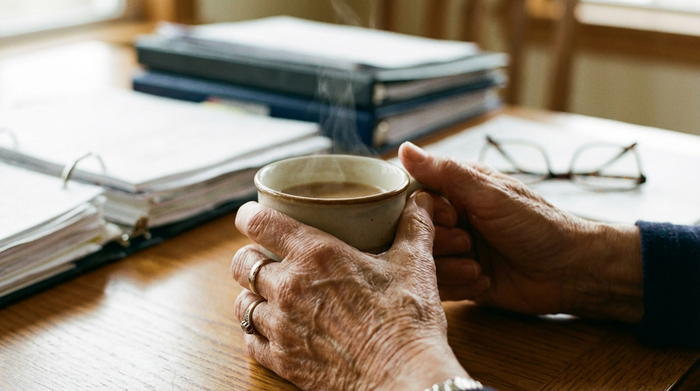 Eine Nahaufnahme von älteren Händen, die entspannt eine Tasse Kaffee halten, während im unscharfen Hintergrund ordentlich sortierter Papierkram auf einem Holztisch liegt. Ruhige und stressfreie Stimmung im Wohnzimmer.