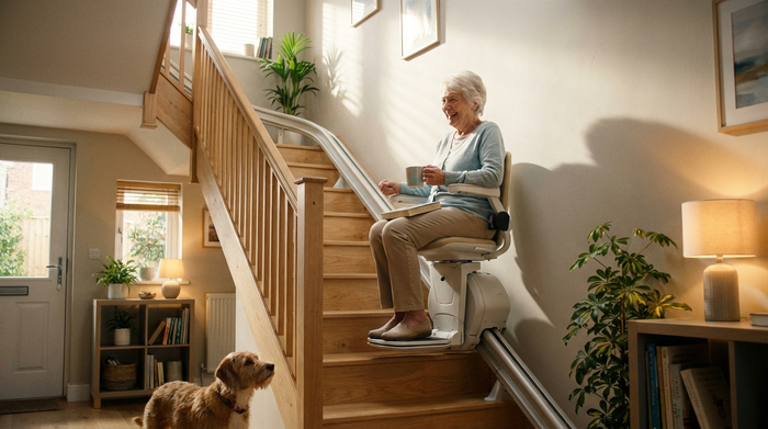 Eine rüstige Seniorin fährt sicher und entspannt mit einem modernen Treppenlift in einem gepflegten Einfamilienhaus nach oben. Helle Holztreppe, warmes Licht, ein Gefühl von Sicherheit und Unabhängigkeit.