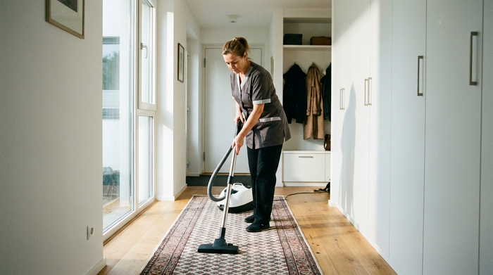 Eine Reinigungskraft saugt konzentriert den Teppich in einem aufgeräumten, hellen Flur eines Einfamilienhauses. Sauberes Umfeld, realistische Hausarbeit, keine Schriftzüge.