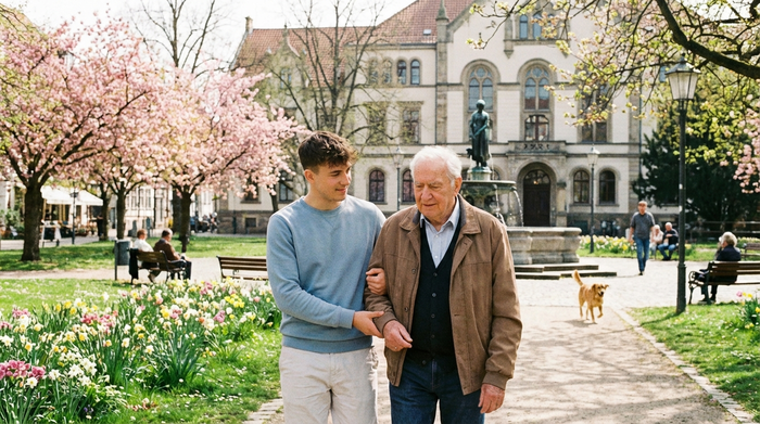 Ein junger Alltagsbegleiter stützt einen älteren Herrn fürsorglich bei einem Spaziergang durch einen grünen Park in Göttingen. Frühlingswetter, entspannte Stimmung, klare Szene.