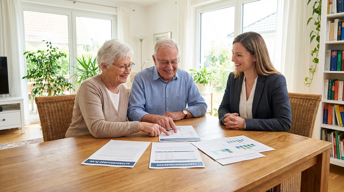 Ein älteres Ehepaar sitzt mit einer Beraterin an einem Esstisch und schaut zufrieden auf übersichtliche Dokumente. Helles Zimmer, professionelle Beratungssituation, freundliche Gesichter.