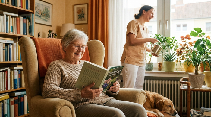 Eine lächelnde Seniorin sitzt entspannt in ihrem Sessel und liest ein Buch, während im Hintergrund eine Betreuungskraft Blumen gießt. Harmonisches Zusammenleben, warme Farben.
