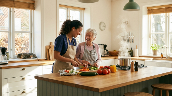 Eine sympathische Betreuungskraft kocht gemeinsam mit einer älteren Dame in einer hellen, sauberen Küche frisches Gemüse. Warme und vertrauensvolle Atmosphäre.
