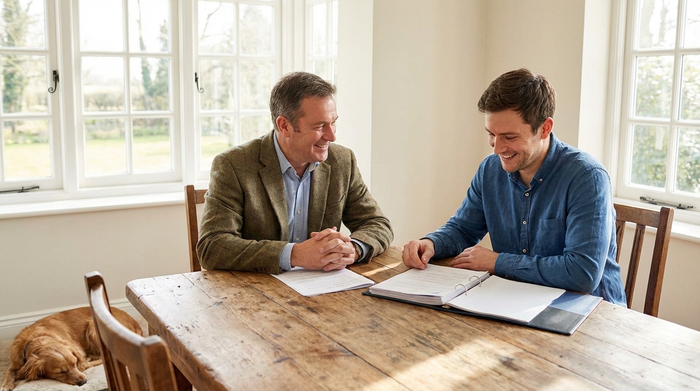 Ein erwachsener Sohn sitzt mit einem Pflegeberater an einem Holztisch im hellen Wohnzimmer und bespricht Dokumente. Seriöse und entspannte Stimmung.