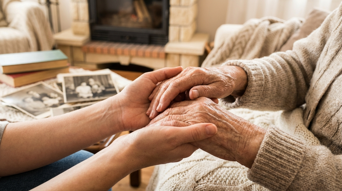 Nahaufnahme von Händen, die liebevoll die Hände eines älteren Menschen halten, im Hintergrund unscharf ein gemütliches Wohnzimmer. Fokus auf Fürsorge und Geborgenheit.