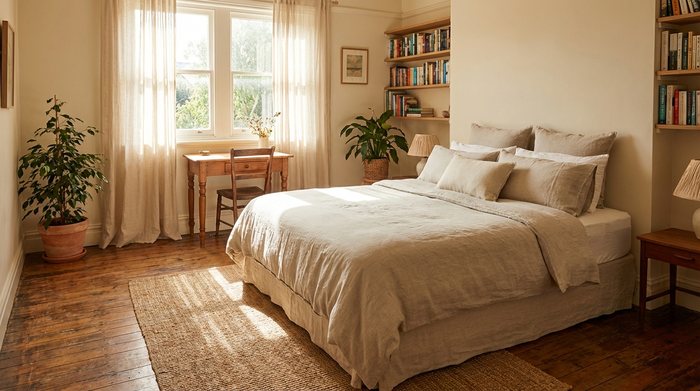 Ein helles, freundlich eingerichtetes Gästezimmer mit einem bequemen Bett, einem kleinen Schreibtisch und Sonnenlicht, das durch das Fenster fällt. Einladend und gemütlich.