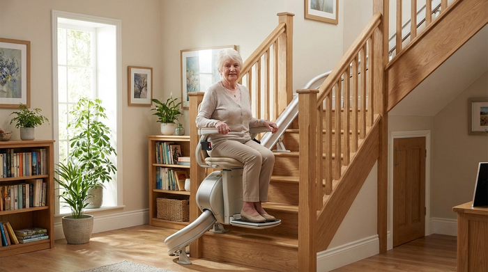 Ein moderner Treppenlift an einer Holztreppe in einem gepflegten Einfamilienhaus. Eine ältere Dame fährt sicher und entspannt nach oben.