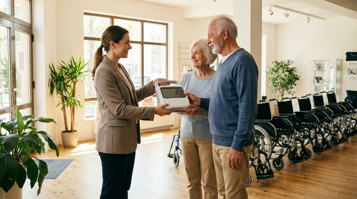 Eine freundliche Beraterin in einem hellen Sanitätshaus überreicht einem lächelnden Seniorenpaar ein modernes medizinisches Gerät. Im Hintergrund sind ordentlich aufgestellte Rollstühle zu sehen. Warme, professionelle Szene ohne sichtbare Schriftzüge.