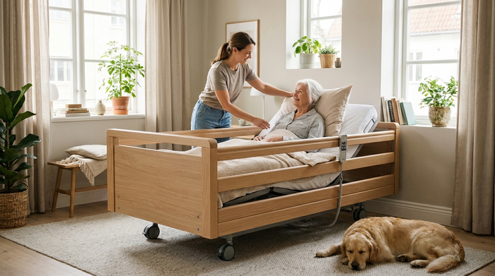 Ein gemütliches Schlafzimmer mit einem modernen, elektrisch verstellbaren Pflegebett aus hellem Holz. Eine fürsorgliche Pflegekraft richtet das Kissen für eine ältere Dame, die bequem und aufrecht im Bett sitzt. Helle, saubere Umgebung.