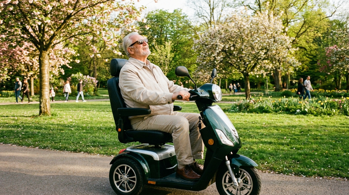 Ein rüstiger Rentner fährt an einem sonnigen Tag mit einem eleganten Elektromobil durch eine grüne Parkanlage. Er trägt eine leichte Jacke und genießt sichtlich die frische Luft und seine Unabhängigkeit im Freien.