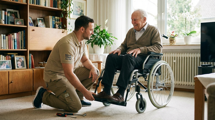 Ein kompetenter Reha-Techniker in gepflegter Arbeitskleidung kniet in einem Wohnzimmer und stellt die Fußstützen eines Rollstuhls für einen älteren Kunden passgenau ein. Professionelle und vertrauensvolle Hausbesuch-Szene bei Tageslicht.