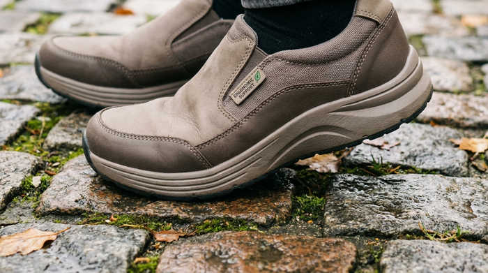 Nahaufnahme von bequemen, modernen Seniorenschuhen auf einem Kopfsteinpflaster, die eine gesunde Fußhaltung optimal unterstützen.