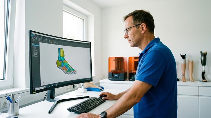 Ein Orthopädietechniker in einem hellen, sauberen Raum begutachtet konzentriert einen digitalen 3D-Scan eines Fußes auf einem modernen Computermonitor.