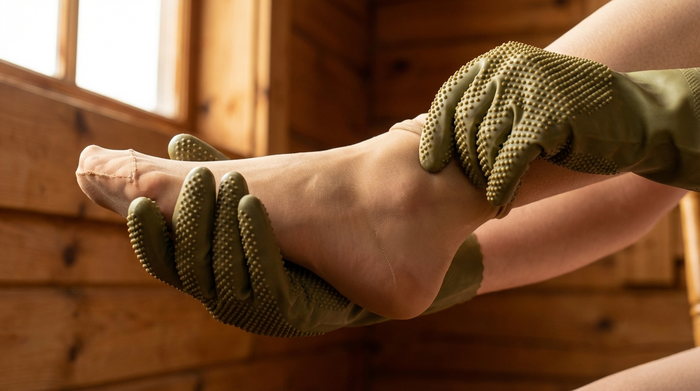 Ein Paar Hände mit speziellen, genoppten Gummihandschuhen zieht behutsam und gleichmäßig einen feinen Strumpf über einen Fuß.