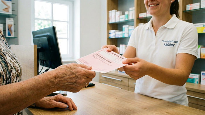 Eine Nahaufnahme der Hände einer älteren Dame, die ein rosafarbenes ärztliches Rezept an einen lächelnden Sanitätshaus-Mitarbeiter überreicht. Helle, saubere Umgebung.