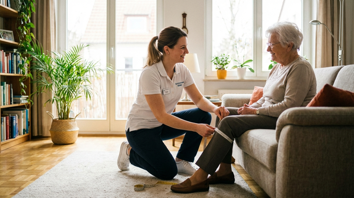 Eine freundliche Sanitätshaus-Mitarbeiterin in gepflegter Berufskleidung kniet in einem hellen Wohnzimmer und misst das Bein einer älteren, auf dem Sofa sitzenden Frau mit einem Maßband ab.